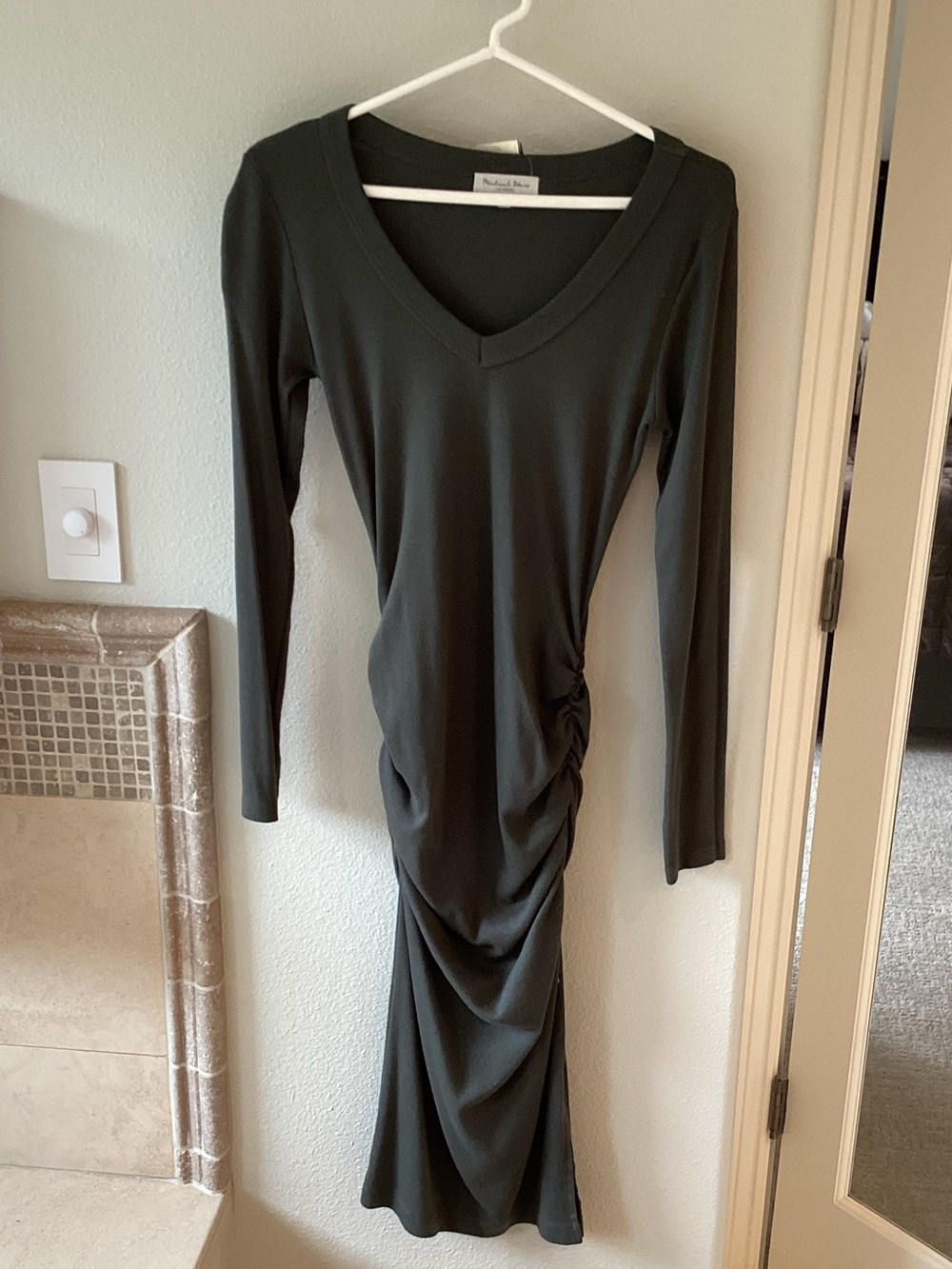 Michael Stars Tarragon Green Long-Sleeve V-Neck Ruched Maxi Dress